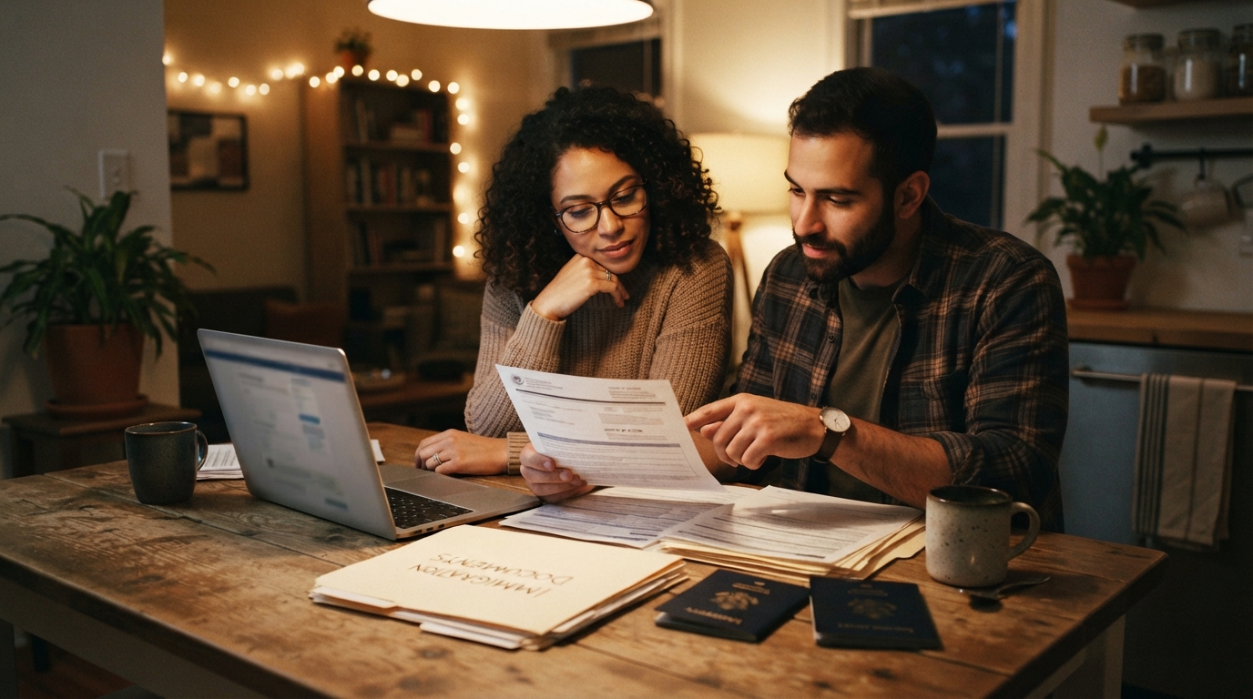 Couple reviewing H-4 dependent immigration paperwork together at a kitchen table at night