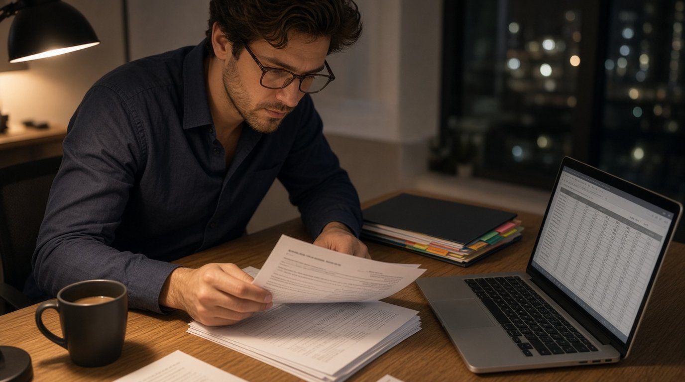 Consultant reviewing Form I-983 training plan documents at a home desk at night