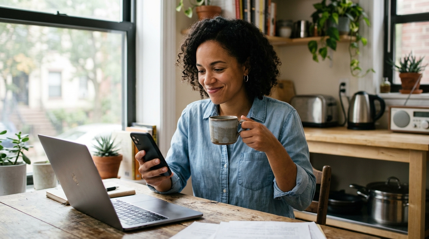 Consultant smiling at phone while reading a chaotic recruiter email over morning coffee