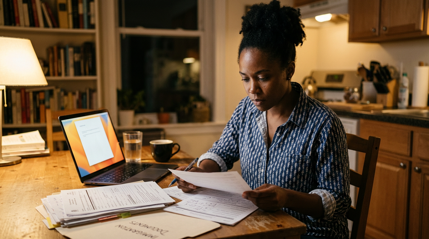 Consultant reviewing H-1B petition documents at a kitchen table at night