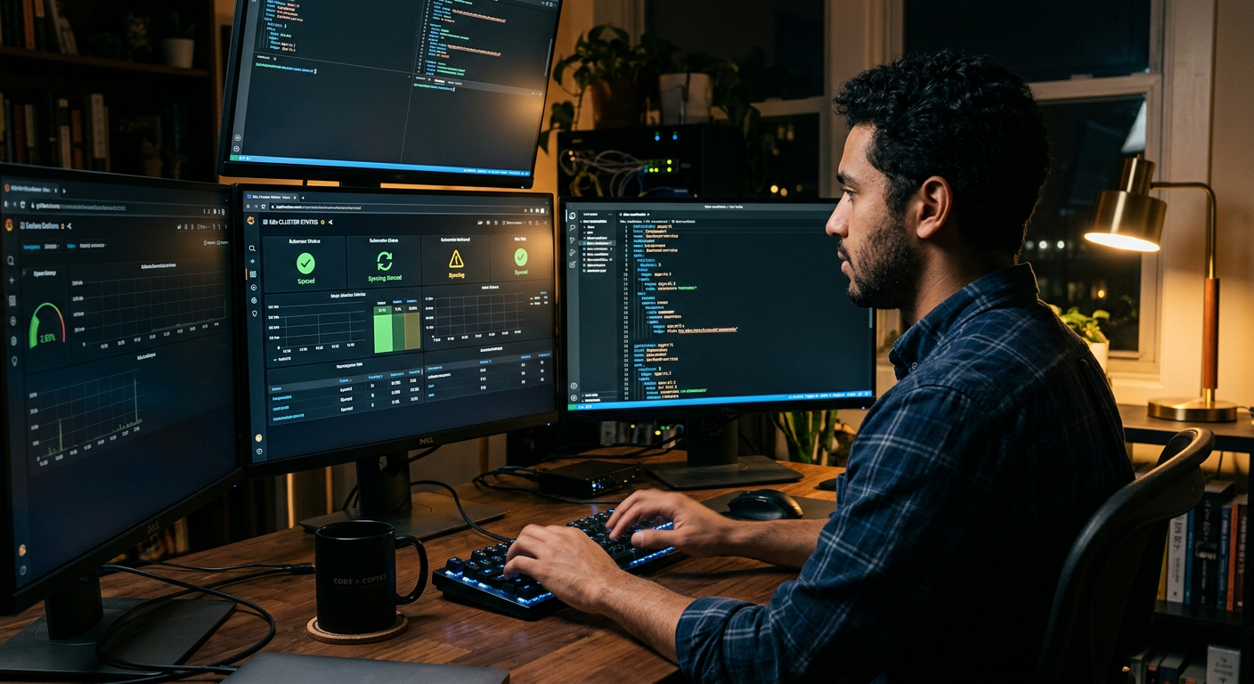 Engineer reviewing Argo CD sync status and YAML manifests on dual monitors at night