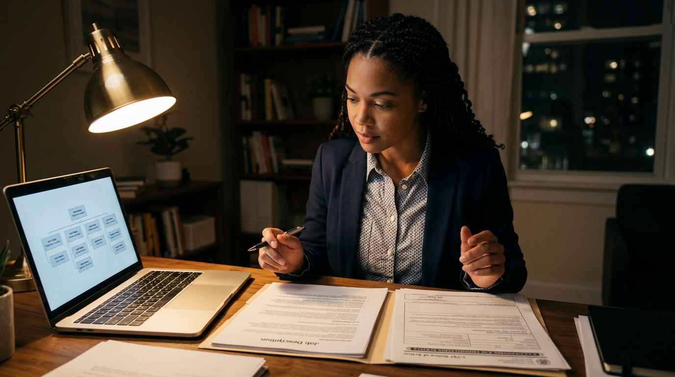 Consultant reviewing job description and H-1B documents at a desk at night
