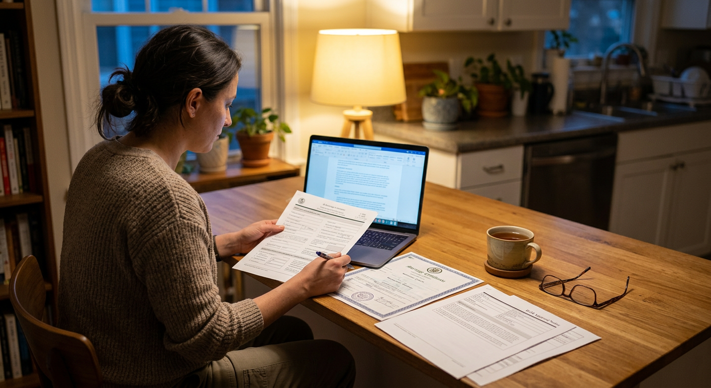 Person at kitchen table reviewing H-4 EAD renewal paperwork and laptop at night