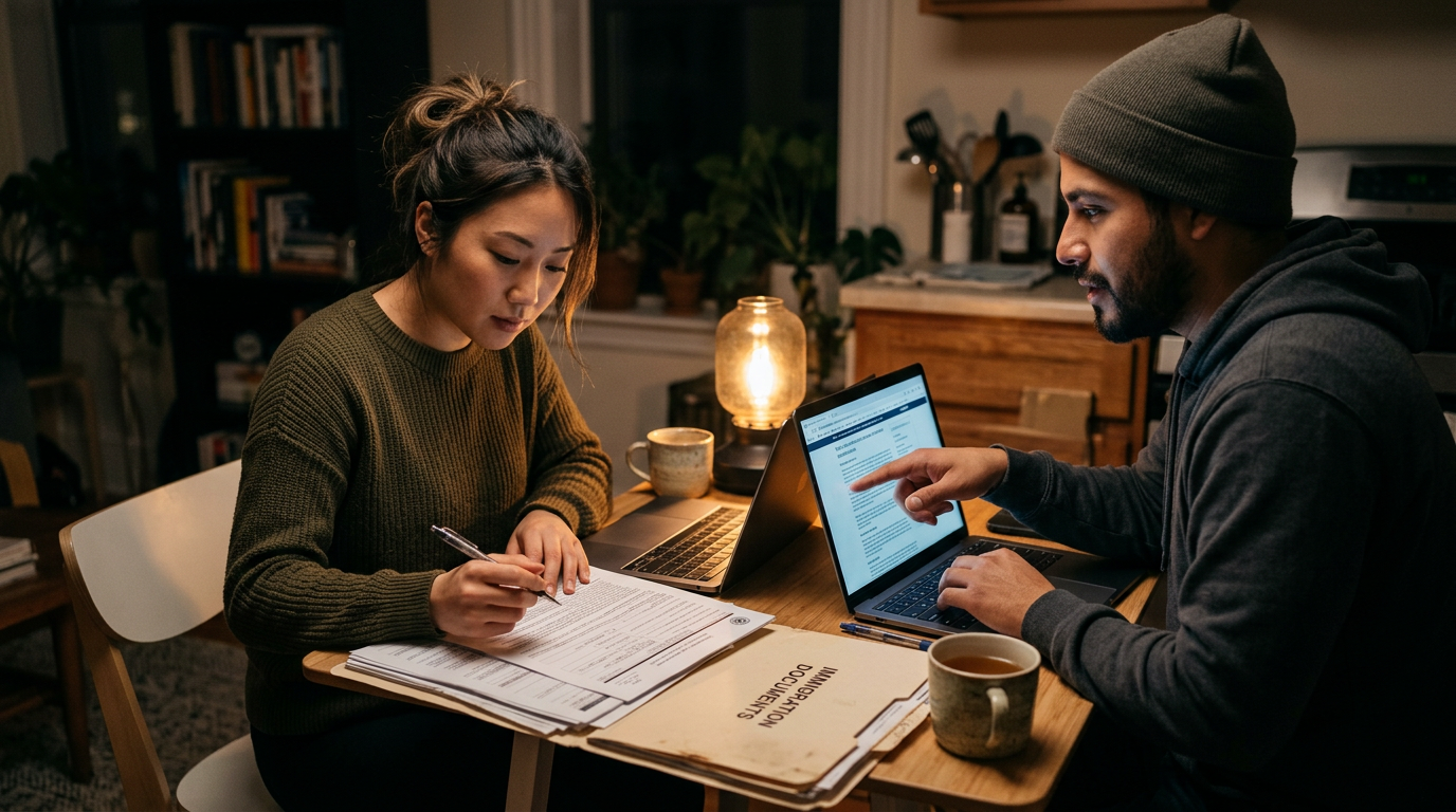 Couple reviewing H-4 EAD paperwork and a laptop at a kitchen table at night