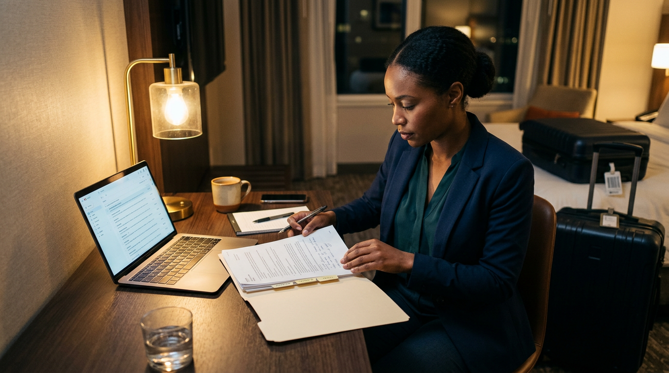 Consultant organizing documents at a desk while preparing for an H-1B visa stamping appointment abroad