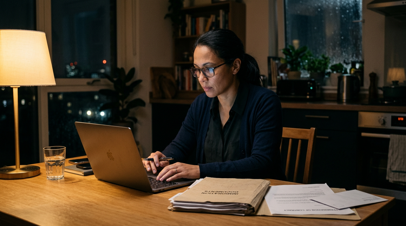 Consultant reviewing layoff paperwork and laptop at night during H-1B grace period