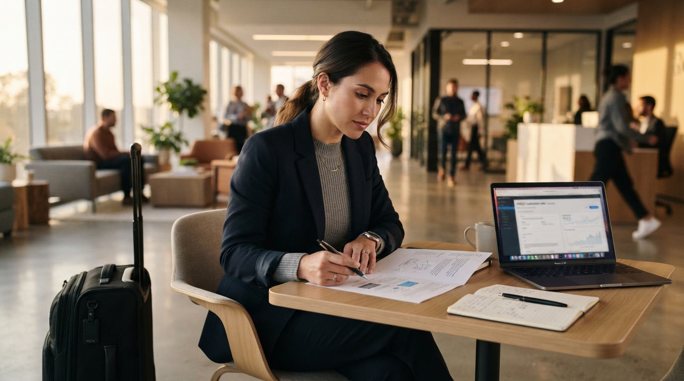 Consultant reviewing H-1B worksite paperwork and laptop before starting a new client assignment