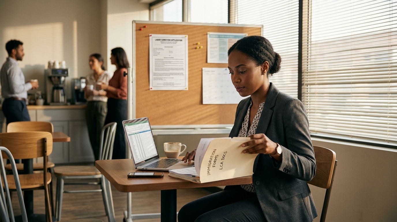 Consultant reviewing H-1B amendment paperwork near a posted labor condition application notice