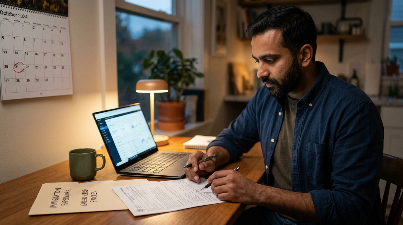 Consultant at a kitchen table at night reviewing H-1B extension and green card paperwork