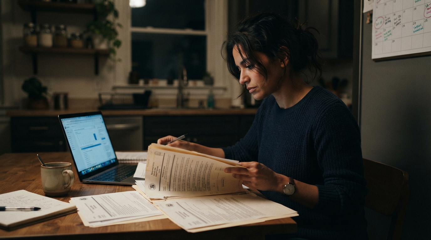 Consultant reviewing I-140 and PERM paperwork at a kitchen table while planning an H-1B extension beyond six years