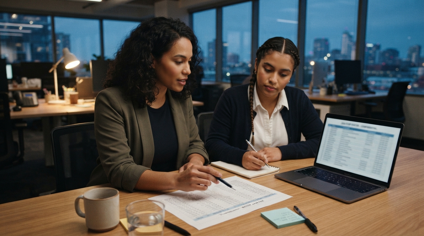 HR and immigration staff reviewing an employee roster at a table during an autumn planning meeting
