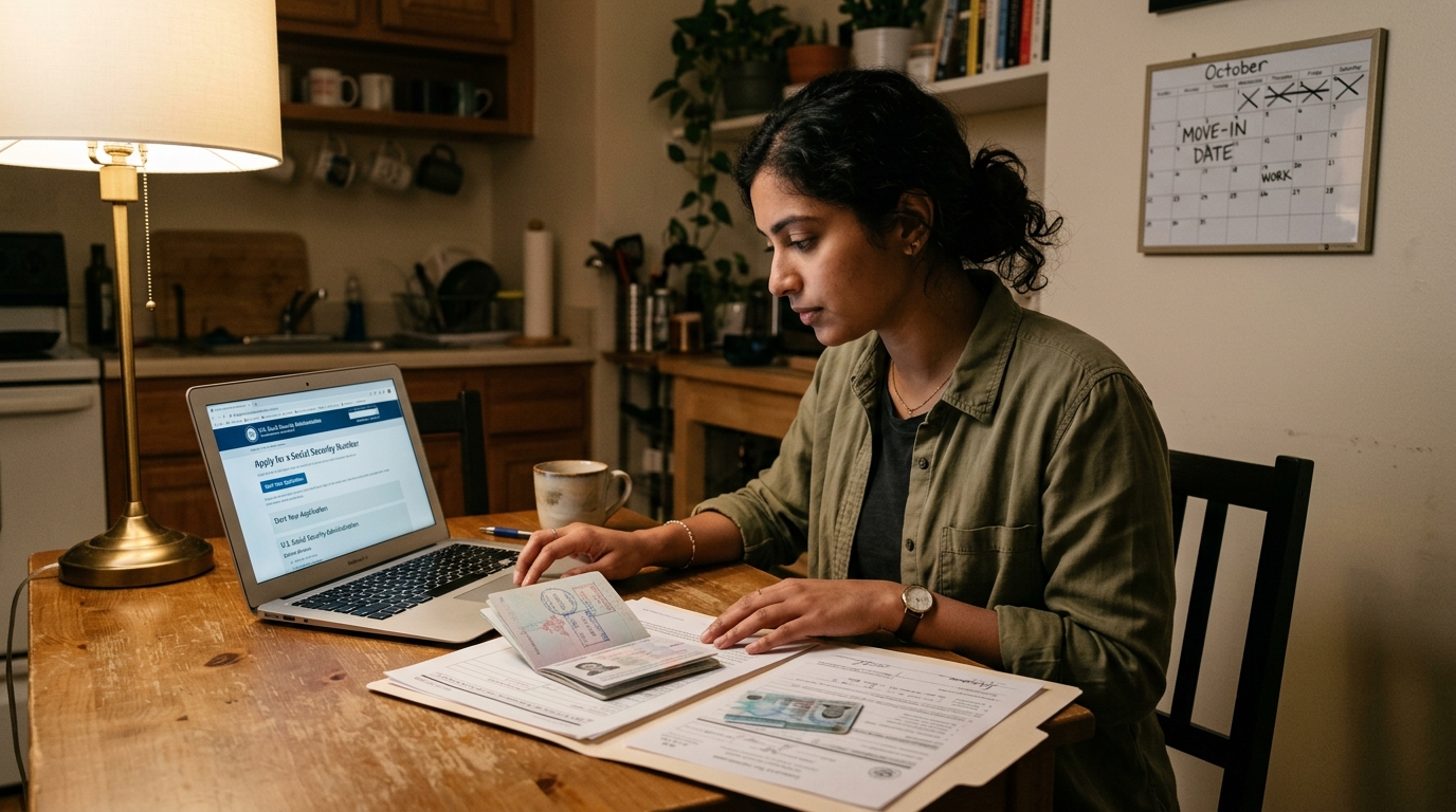 New H-1B arrival reviewing SSN and driver's license paperwork at a kitchen table
