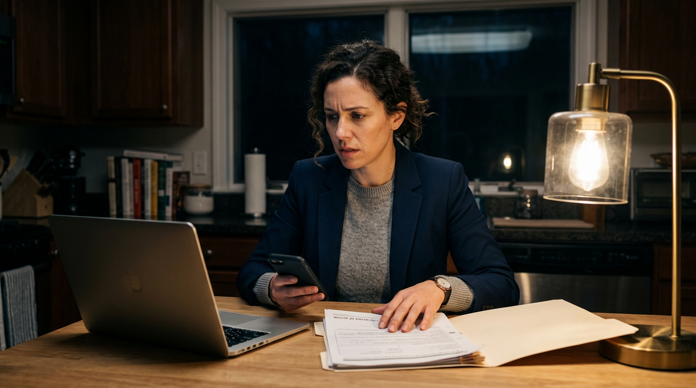 Consultant reviewing immigration documents at a kitchen table at night after learning a petition was revoked