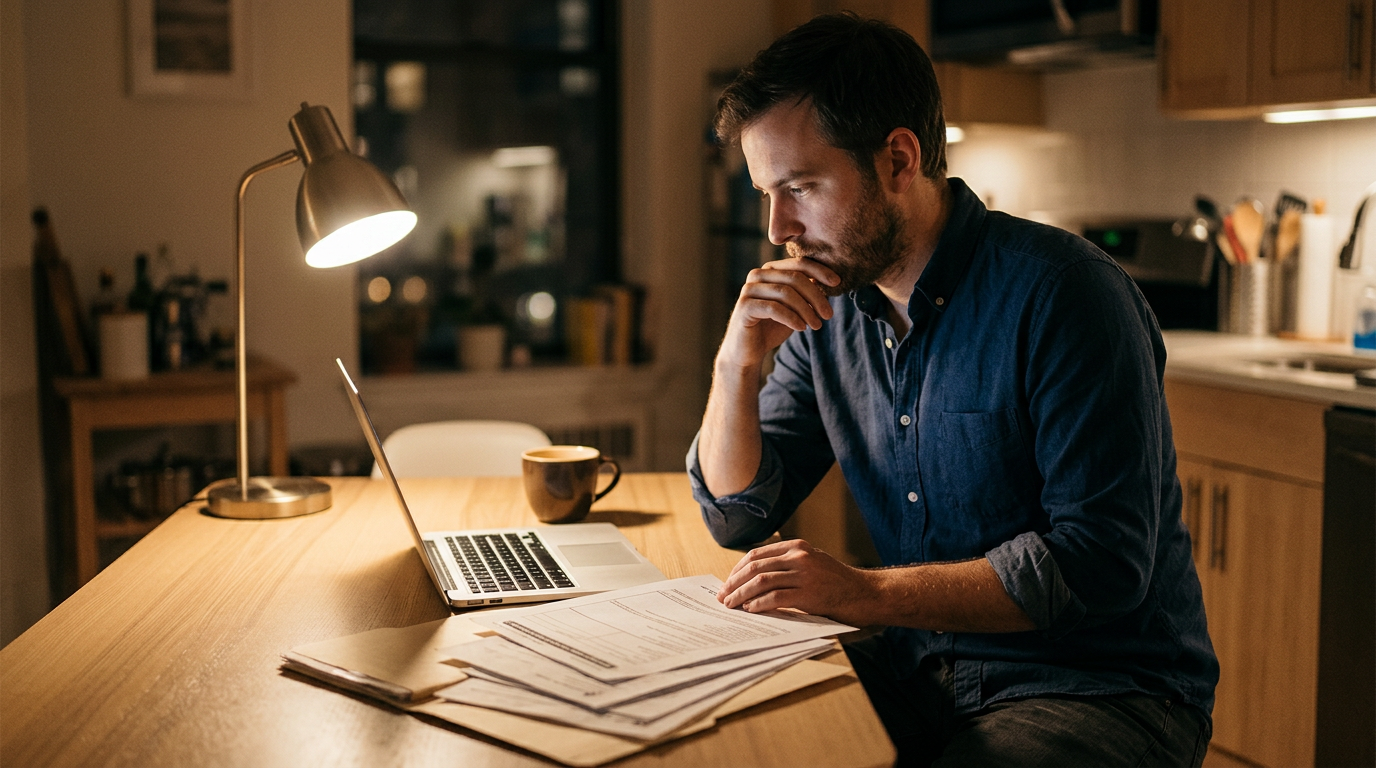 Consultant reviewing an H-1B receipt notice and documents at a kitchen table at night