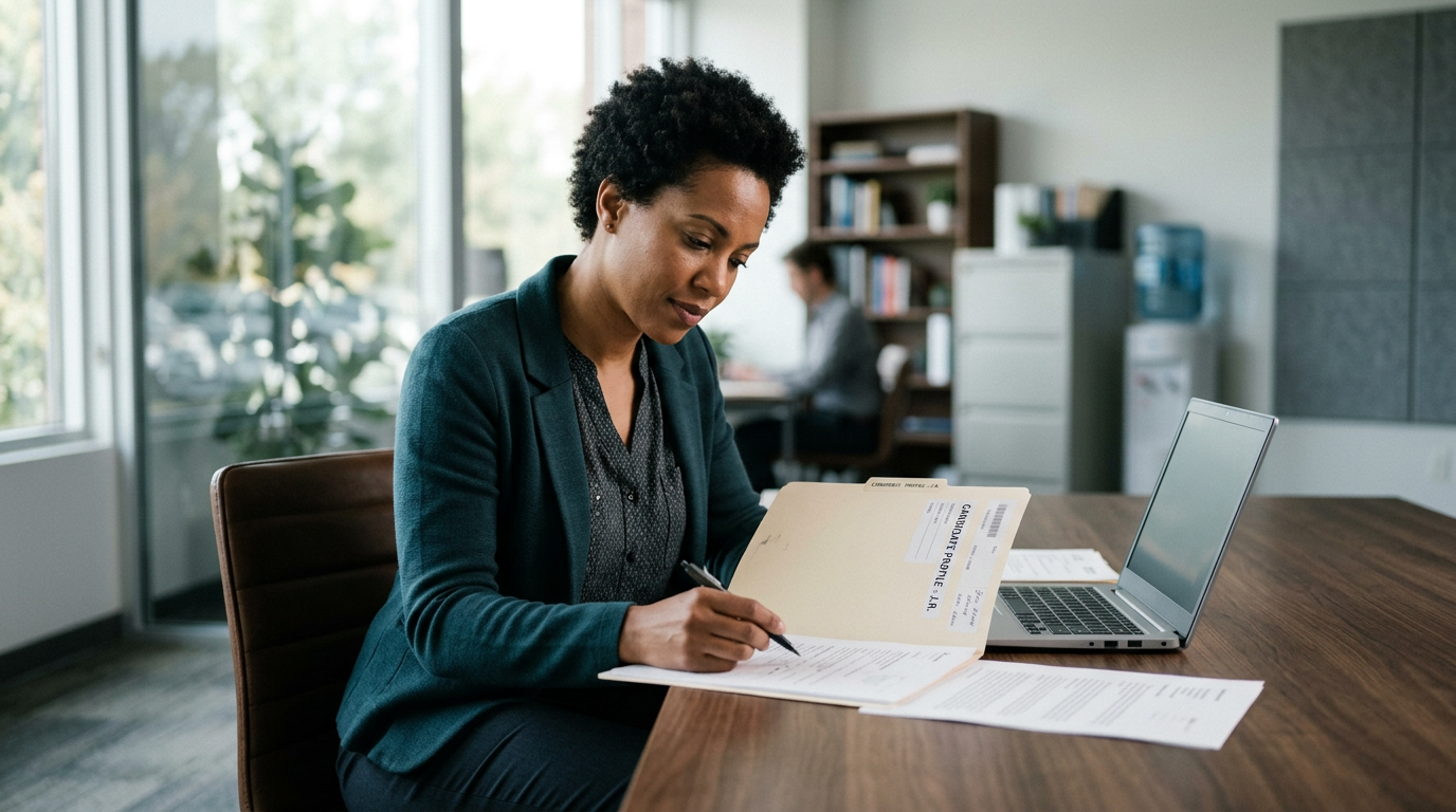Consultant reviewing printed LCA documents in an HR office, representing an H-1B public access file review