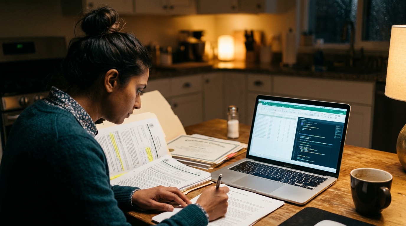 Consultant reviewing H-1B RFE documents and a laptop at a kitchen table at night
