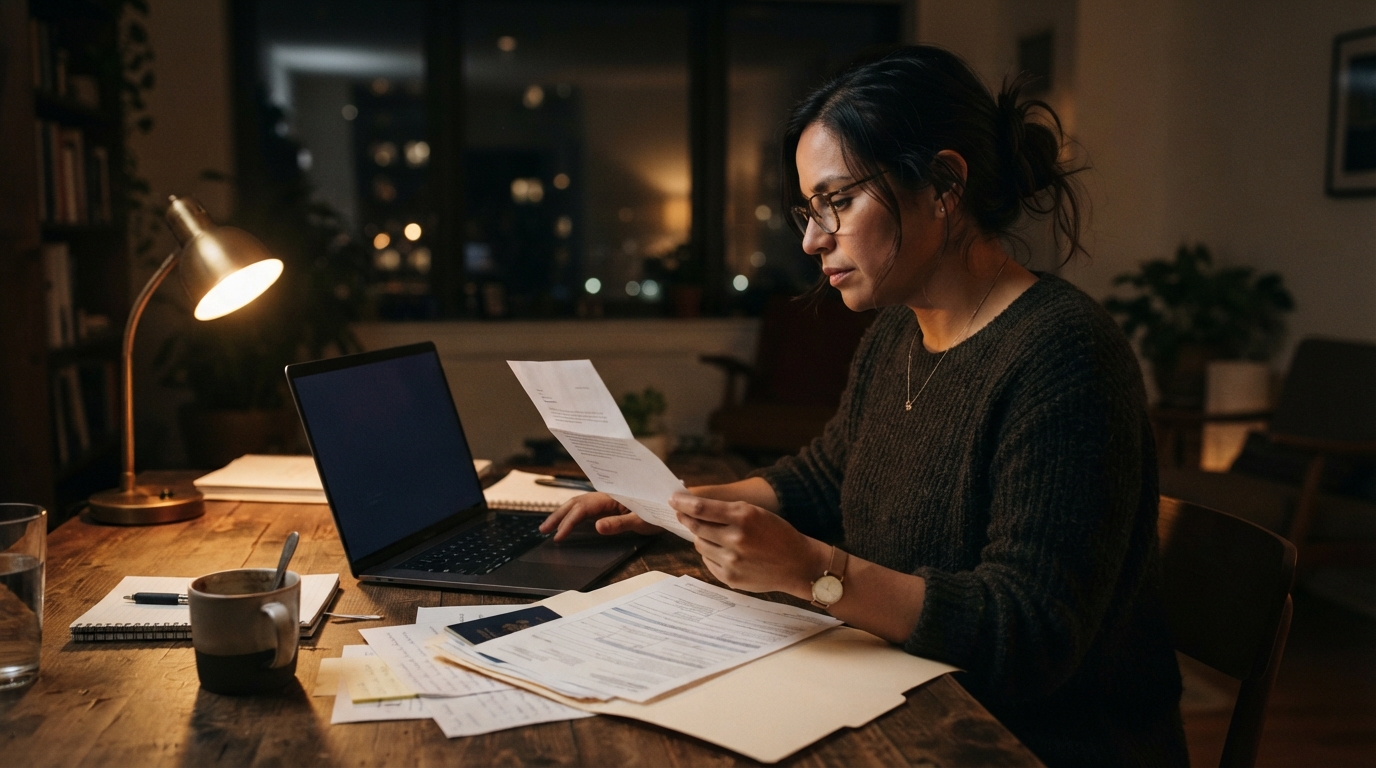 Consultant at a kitchen table at night reading an immigration notice beside a laptop and document folder