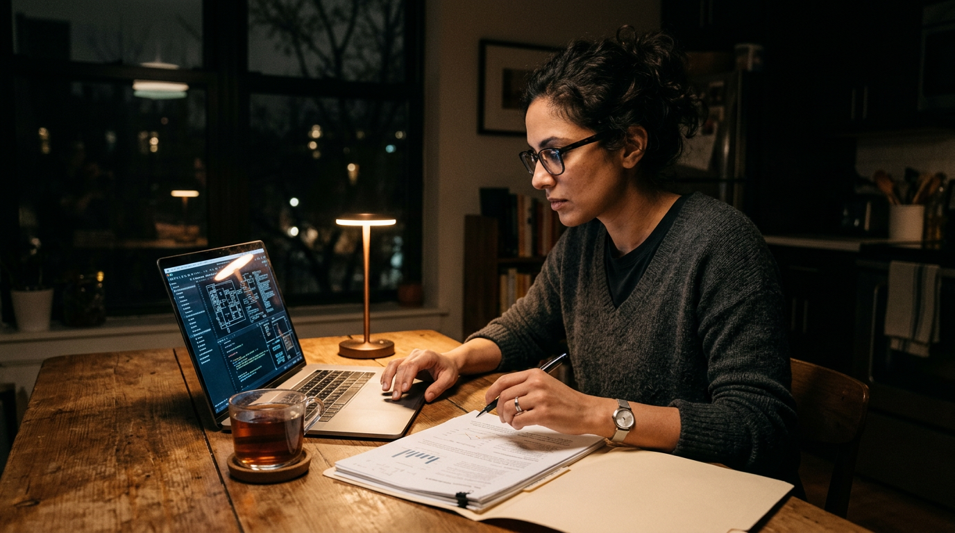 Consultant reviewing immigration documents at a kitchen table late at night