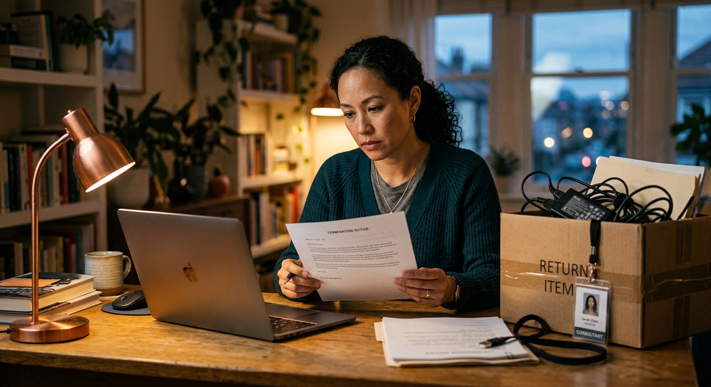 Consultant reviewing termination paperwork and laptop at a home desk in the evening