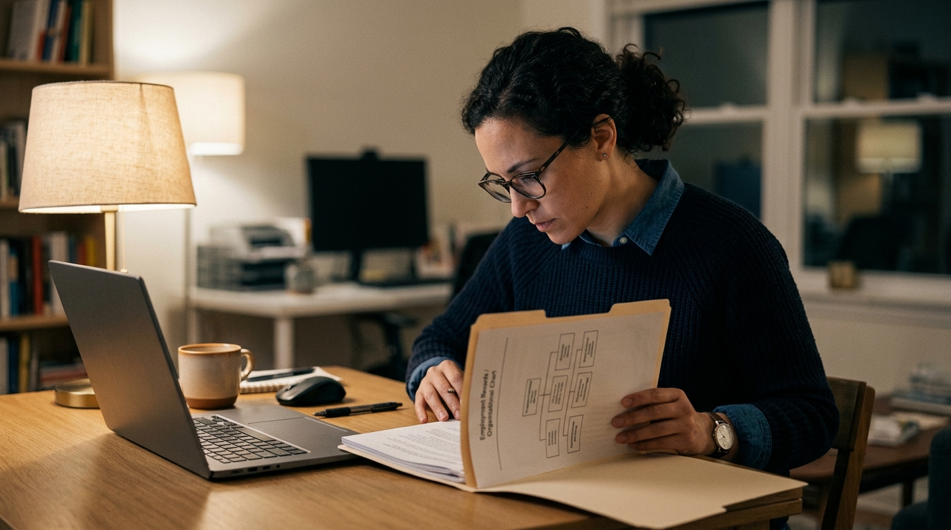 Consultant reviewing employment records at a kitchen table while considering an H-1B to L-1B transition