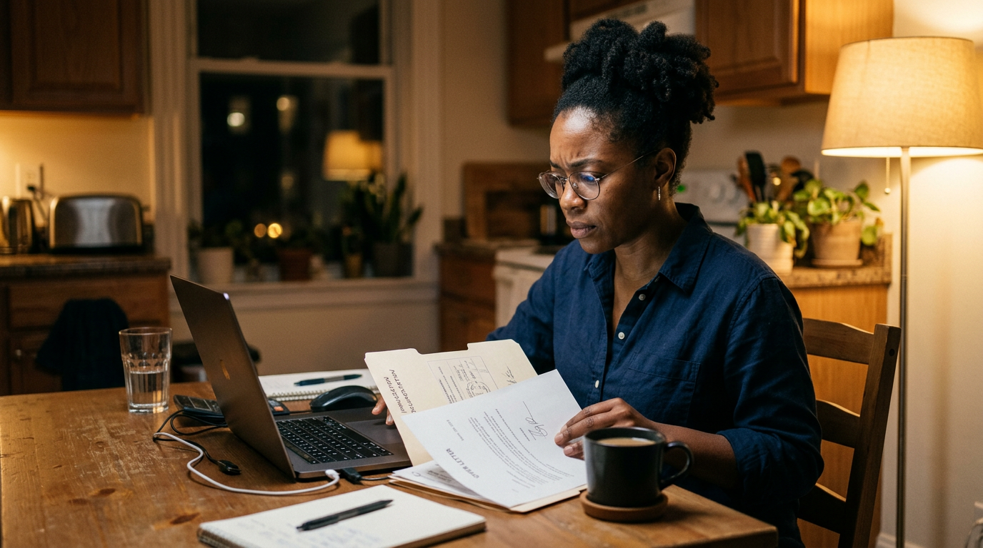 Consultant reviewing H-1B transfer paperwork at a kitchen table at night