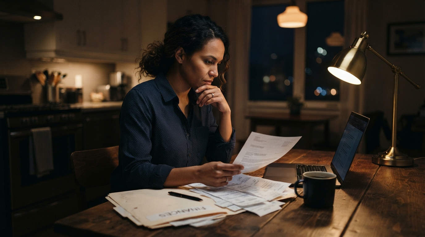Consultant reviewing pay stubs and an offer letter at a kitchen table at night