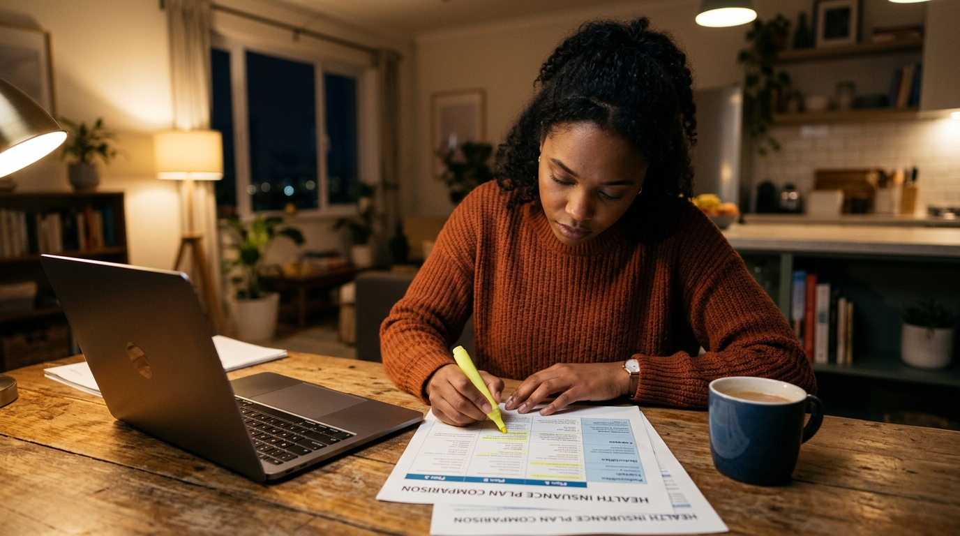 New tech contractor reviewing health insurance plan documents at a kitchen table at night