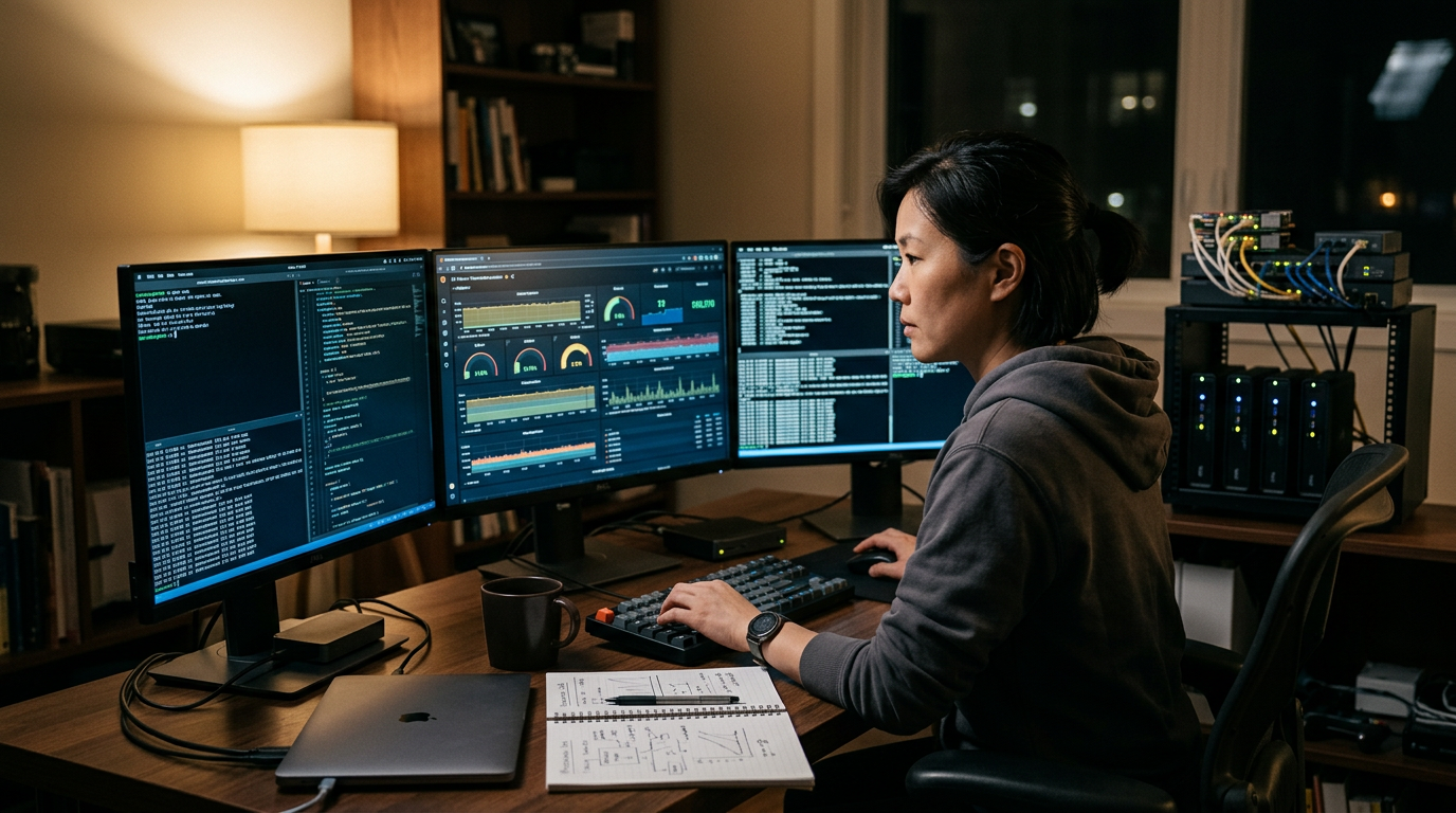 Consultant at a multi-monitor homelab setup with a Kubernetes dashboard and small server rack behind them