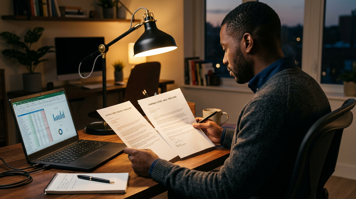 Consultant comparing hourly and salaried W-2 contract offer letters at a desk