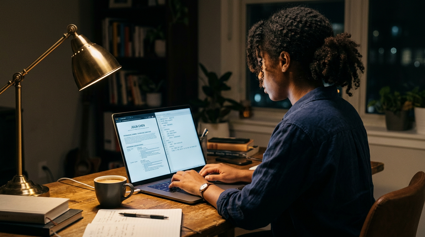 Consultant at a laptop comparing a formatted resume against plain text output at night