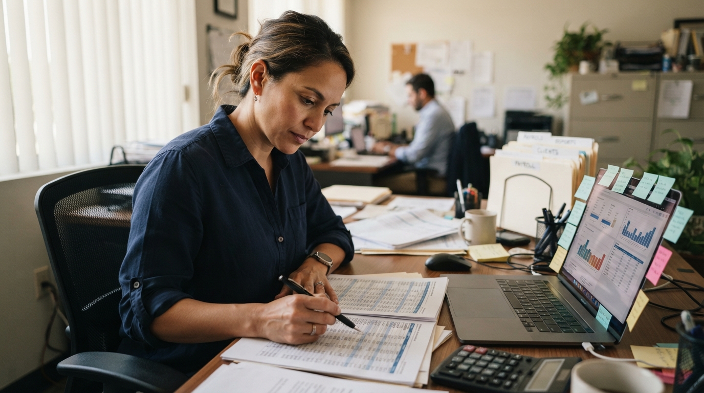 Staffing firm operations manager reviewing a margin spreadsheet at a desk, illustrating bench economics