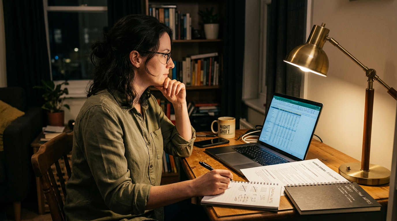 Contract IT consultant reviewing a job search tracking spreadsheet at a home desk at night
