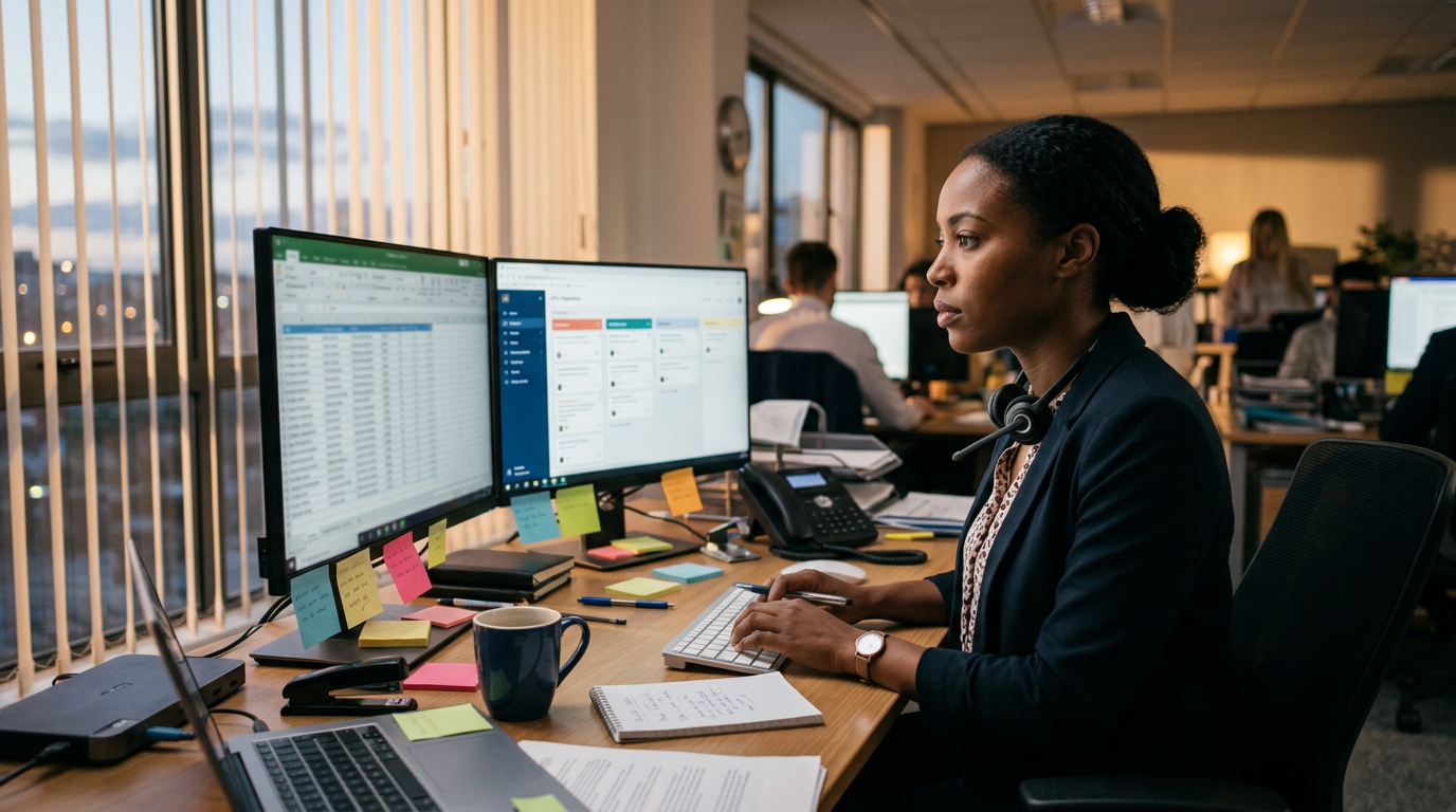 Recruiter at desk reviewing a candidate pipeline on dual monitors in the evening