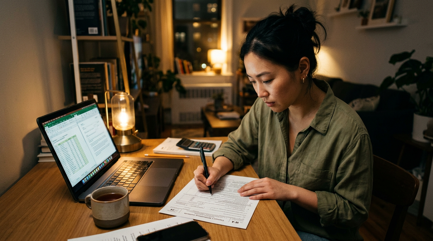 New consultant reviewing a W-4 form at a kitchen table with a laptop nearby