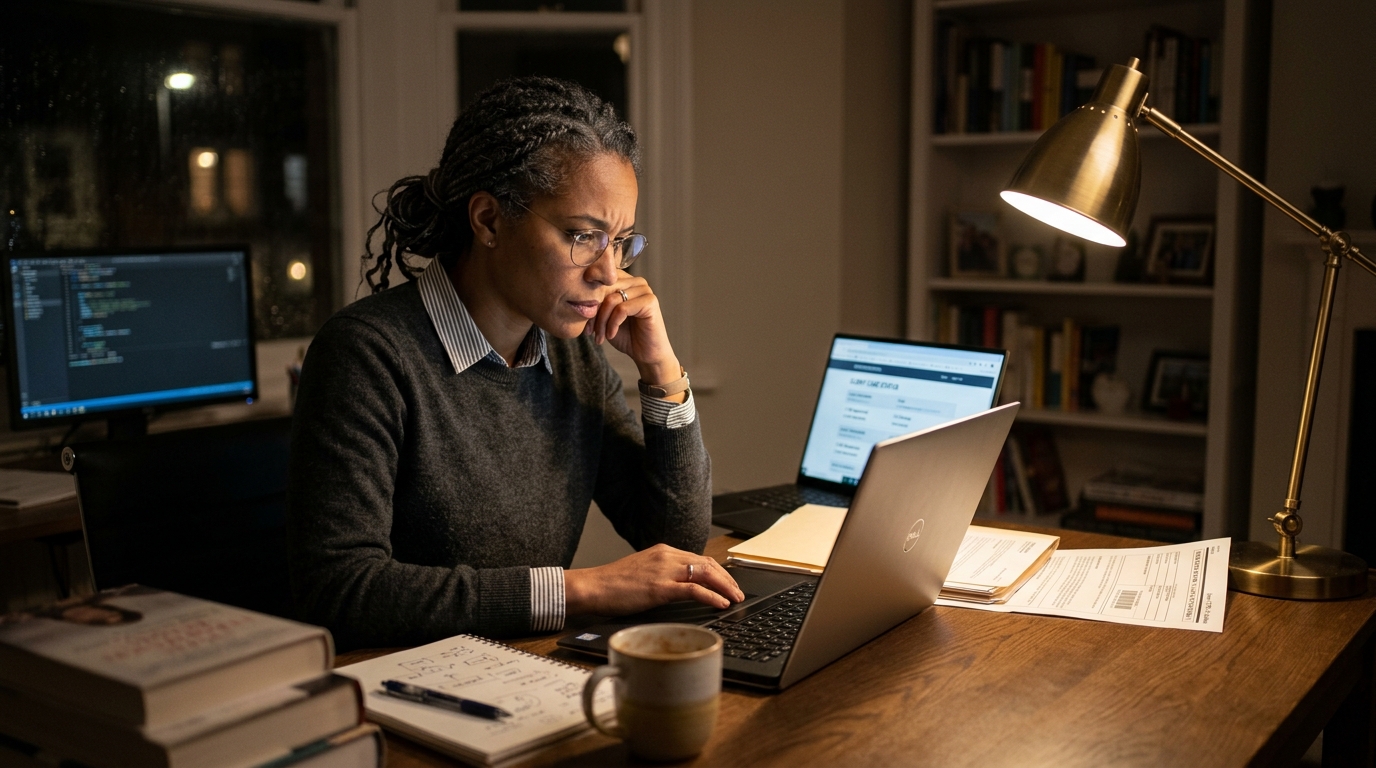 Consultant reviewing immigration case documents and a laptop at a home desk at night