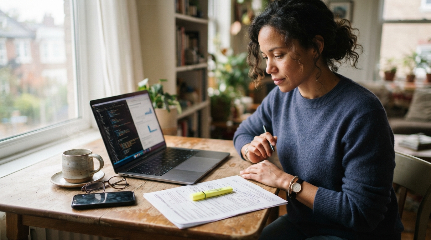 Consultant at a kitchen table reviewing a printed LCA form beside a laptop