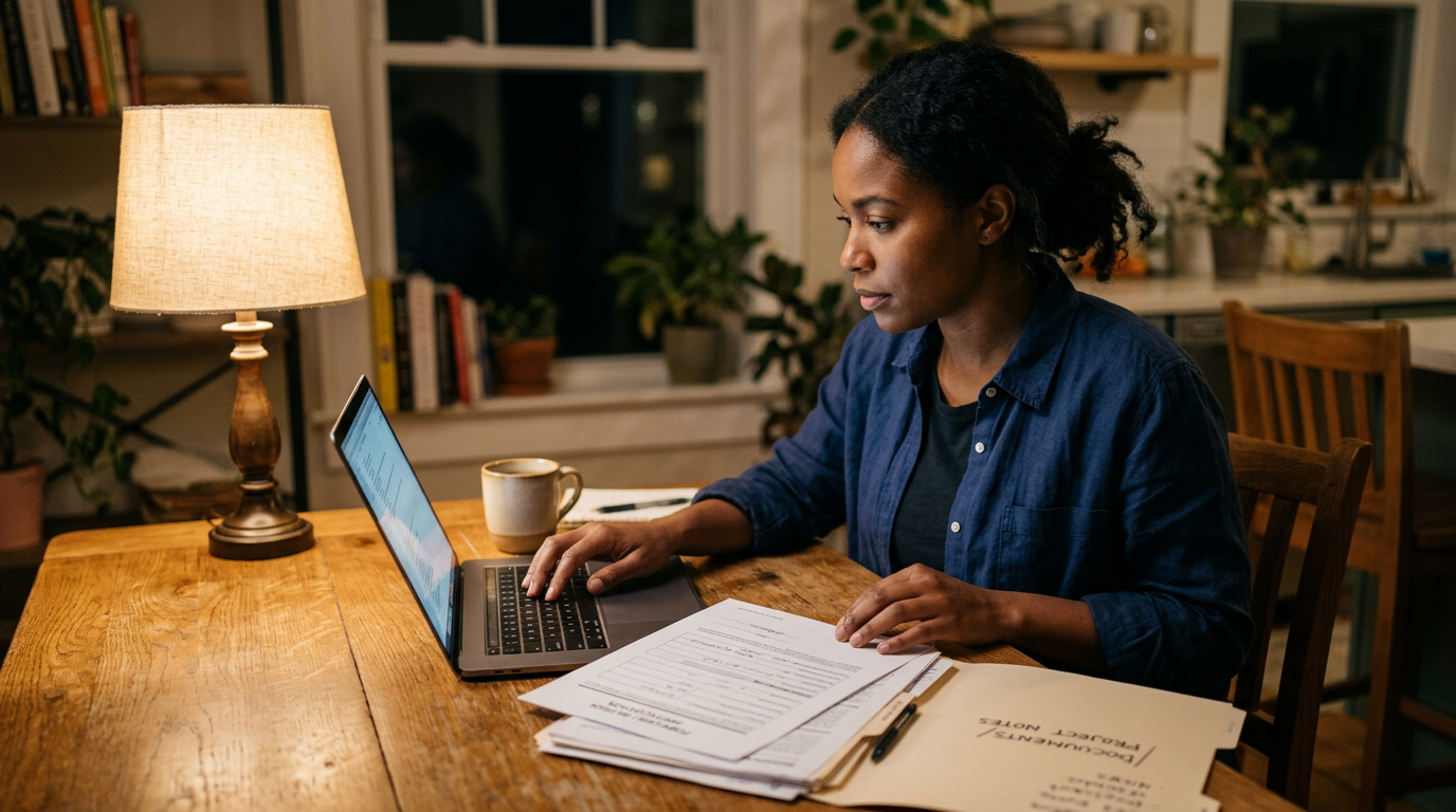 Consultant reviewing printed LCA form and documents at a kitchen table at night