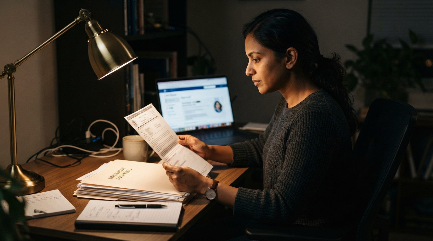 Consultant reviewing I-140 approval notice and immigration documents at a home office desk at night