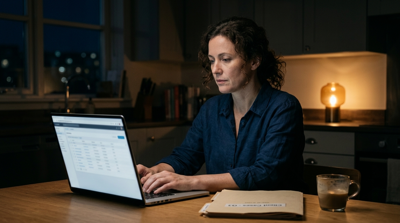 Consultant at a kitchen table at night checking immigration case status on a laptop