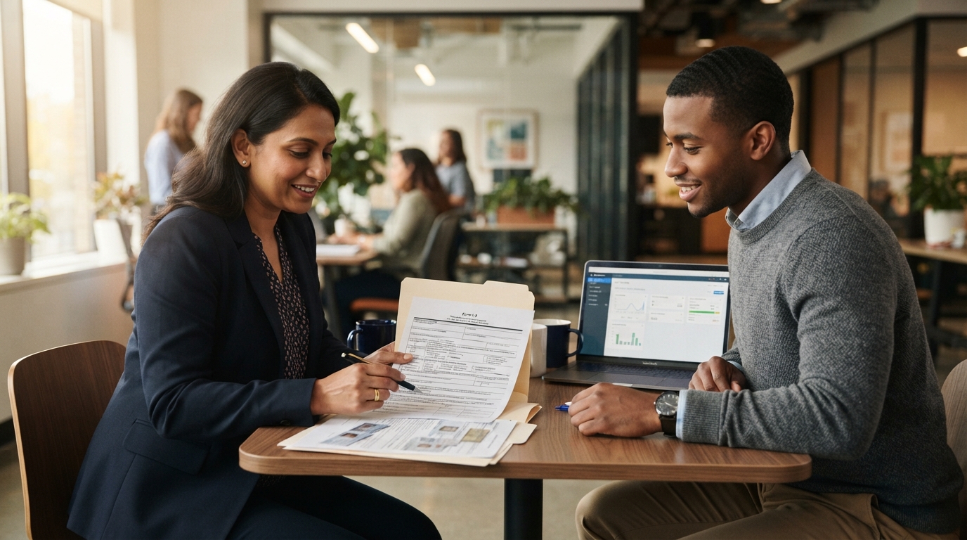 HR coordinator and consultant reviewing Form I-9 reverification paperwork at a conference table