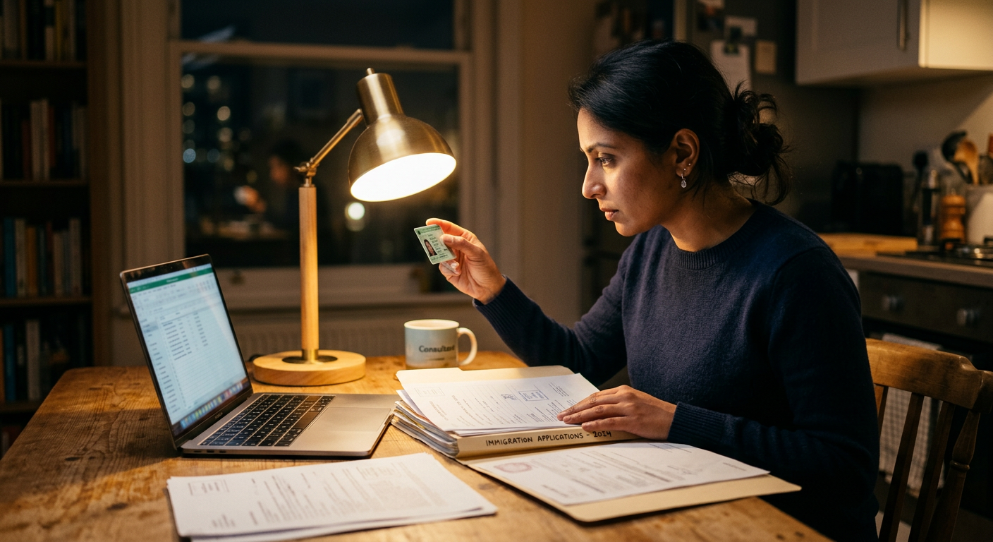 Consultant reviewing a work authorization card at a kitchen table at night