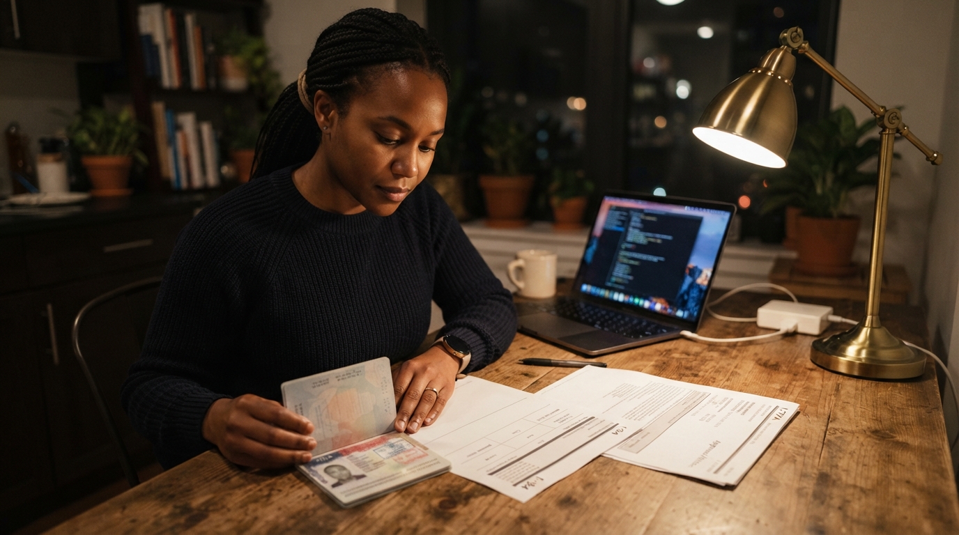 Consultant at a kitchen table comparing an I-94 printout, visa stamp, and I-797 approval notice