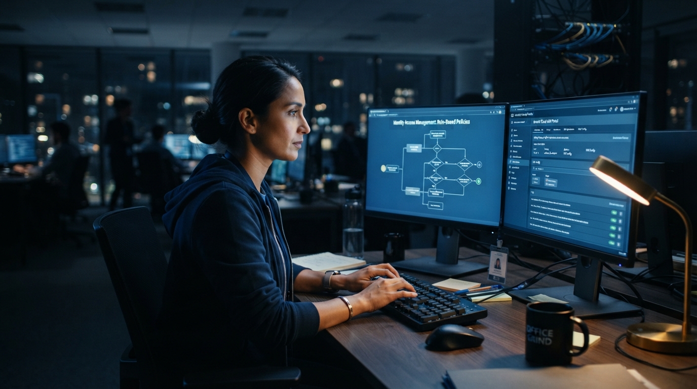 IAM engineer reviewing identity provider migration console on dual monitors at night