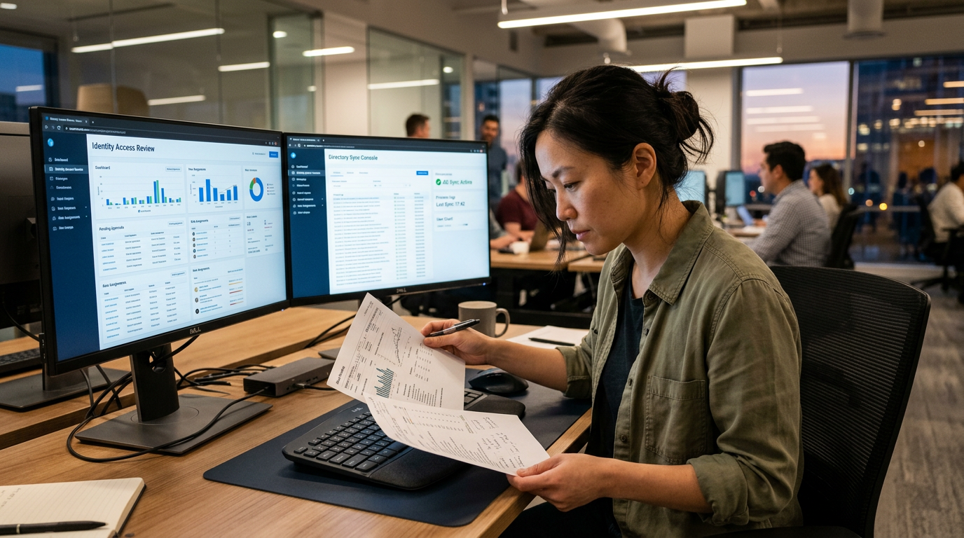 Identity engineer reviewing an access governance dashboard on a dual-monitor workstation
