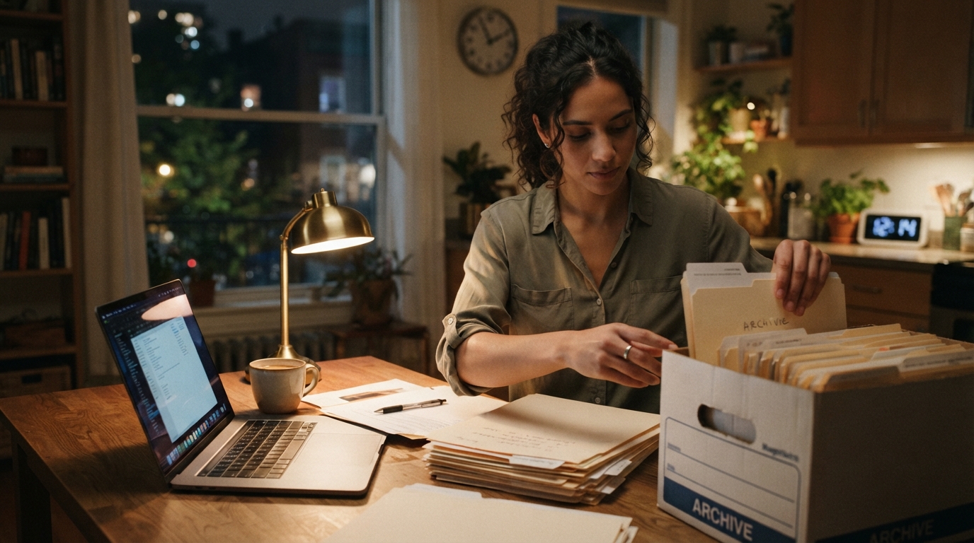 IT consultant organizing immigration paperwork into labeled folders at a kitchen table at night