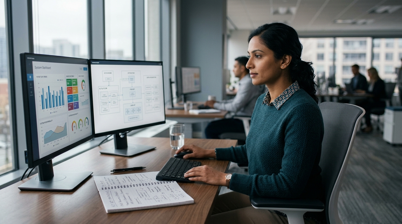 Healthcare IT consultant reviewing data platform dashboards at a two-monitor desk setup