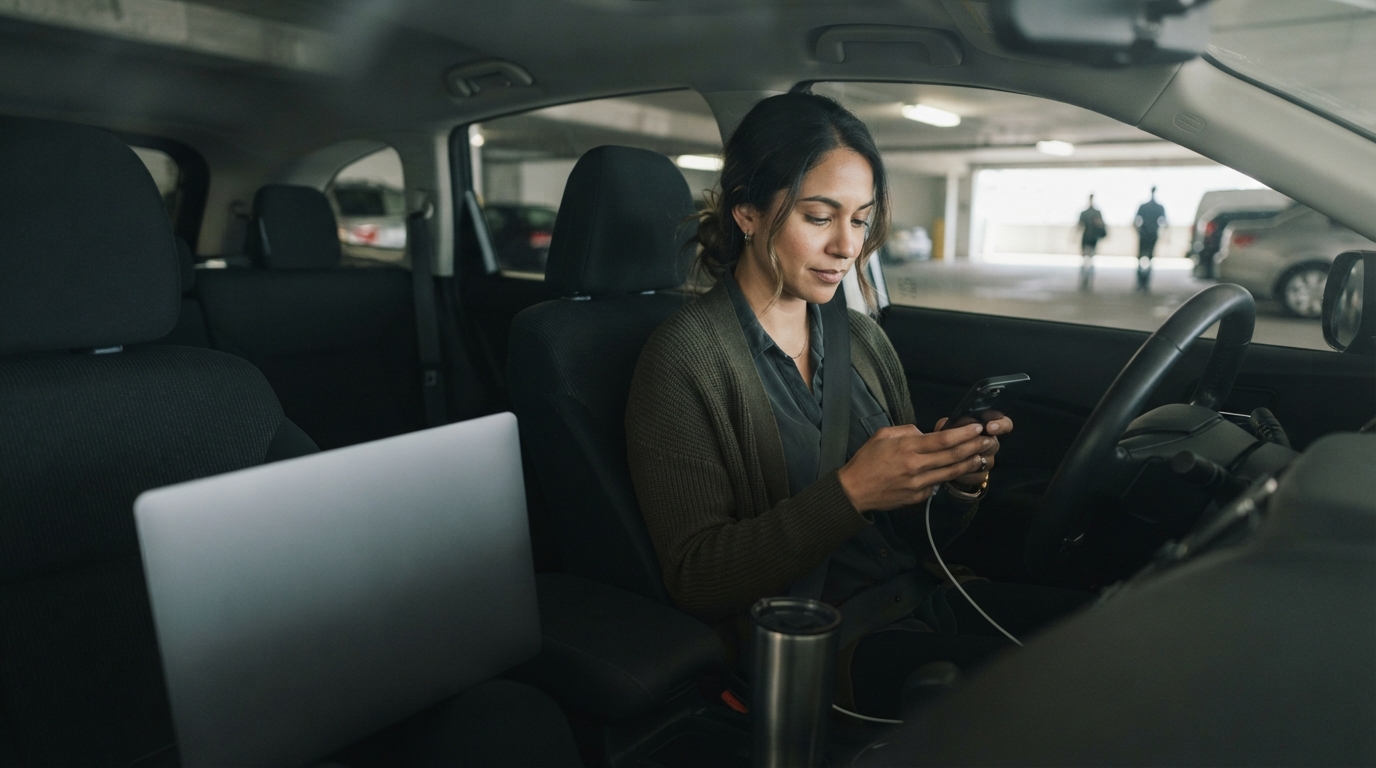 Contractor checking phone in parked car during lunch break while job searching