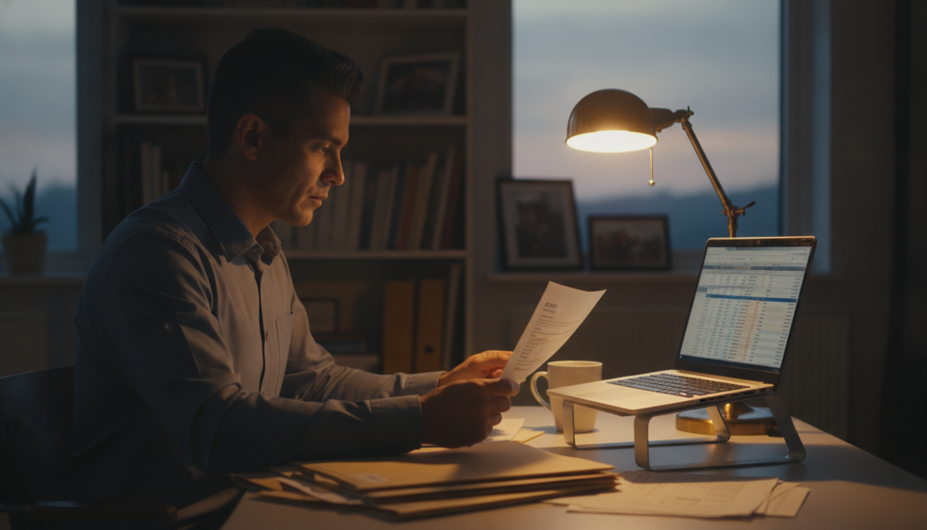 Consultant reviewing a printed invoice and laptop at a home office desk