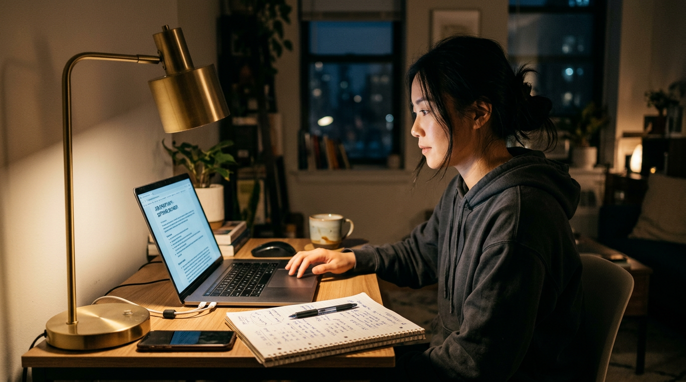 Young IT professional reading a job description on a laptop late at night with handwritten notes