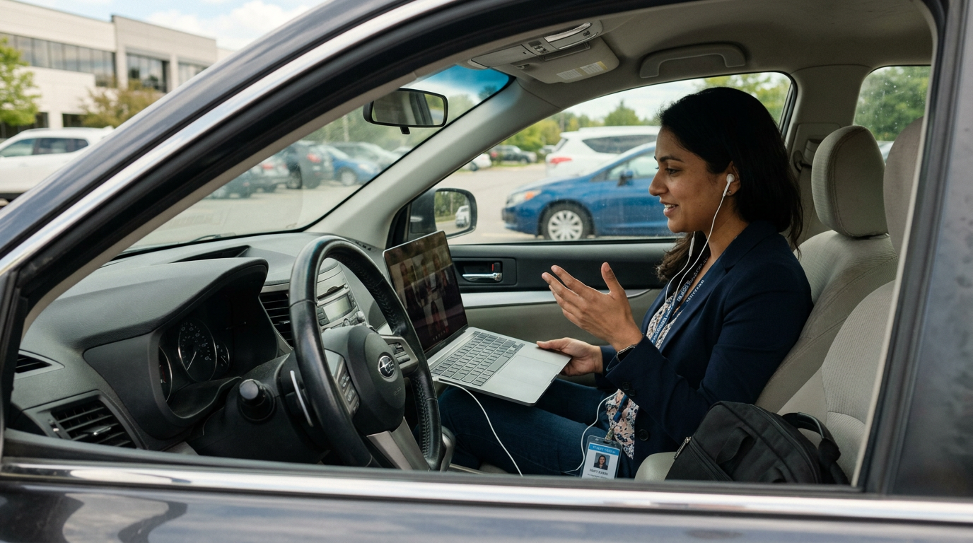 Consultant taking a job interview call from inside a parked car during a lunch break
